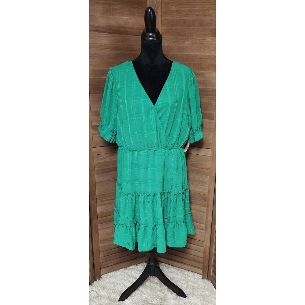 Inspired Hearts New Womens Size 3X Plaid Green Short Puff Sleeve Tiered Dress